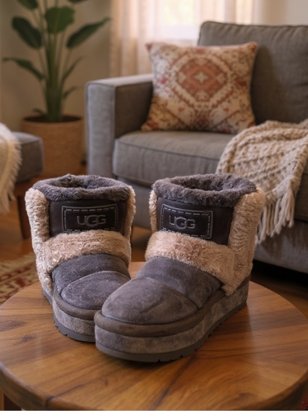 UGG Classic Chillapeak Platform Suede Fur Trim Short Boots Brown